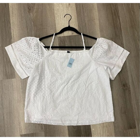 Ann Taylor NWT Eyelet Shoulder Top, White Blouse, Sz Large Petite, MSRP $85 - Picture 3 of 9